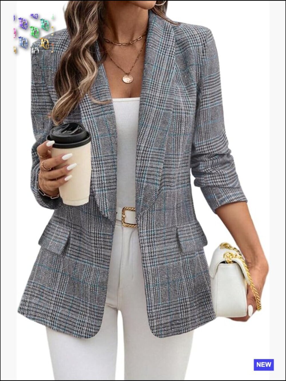 Shawl Collar Plaid Boyfriend Blazer Business Casual Open Front Work Office